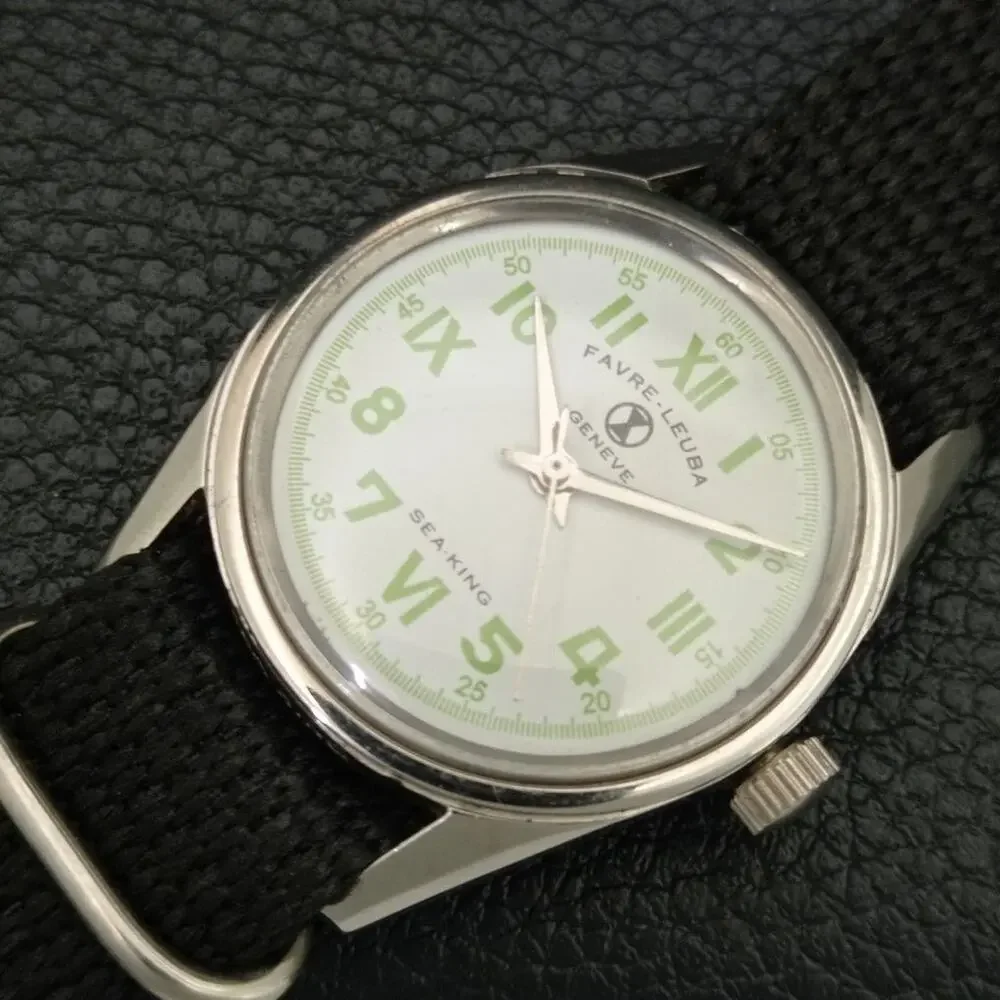 Vintage 1972 Favre Leuba Manual Mens Silver Watch W/Black Strap
